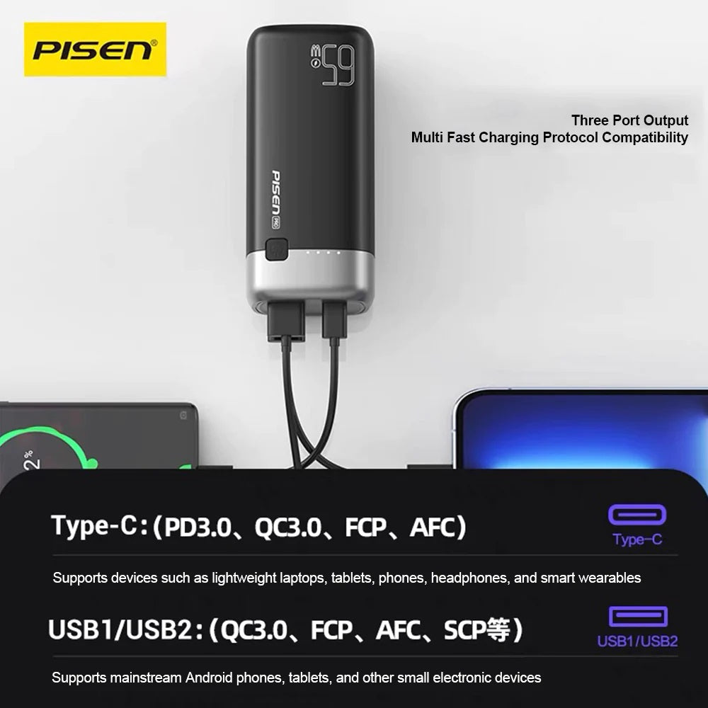 Pisen Pro 65W 20K (20000mAh) Laptop Power Bank (3 Port) + USB-C to USB-C Cable (50cm) - Black, 1x... - Image 4