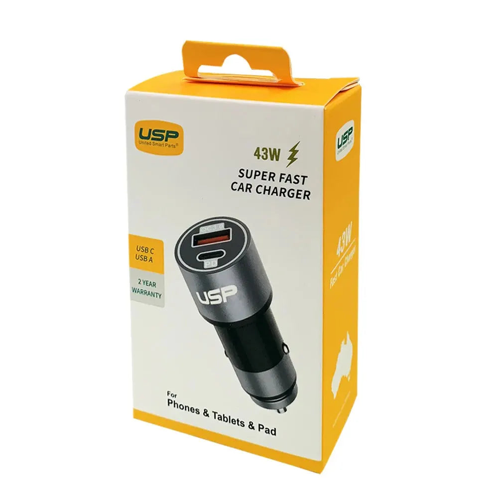 USP 43W Dual Port Car Charger (USB-C PD 25W + USB-A QC 3.0) – Silver, Smart Protection, Dual USB,... - Image 2