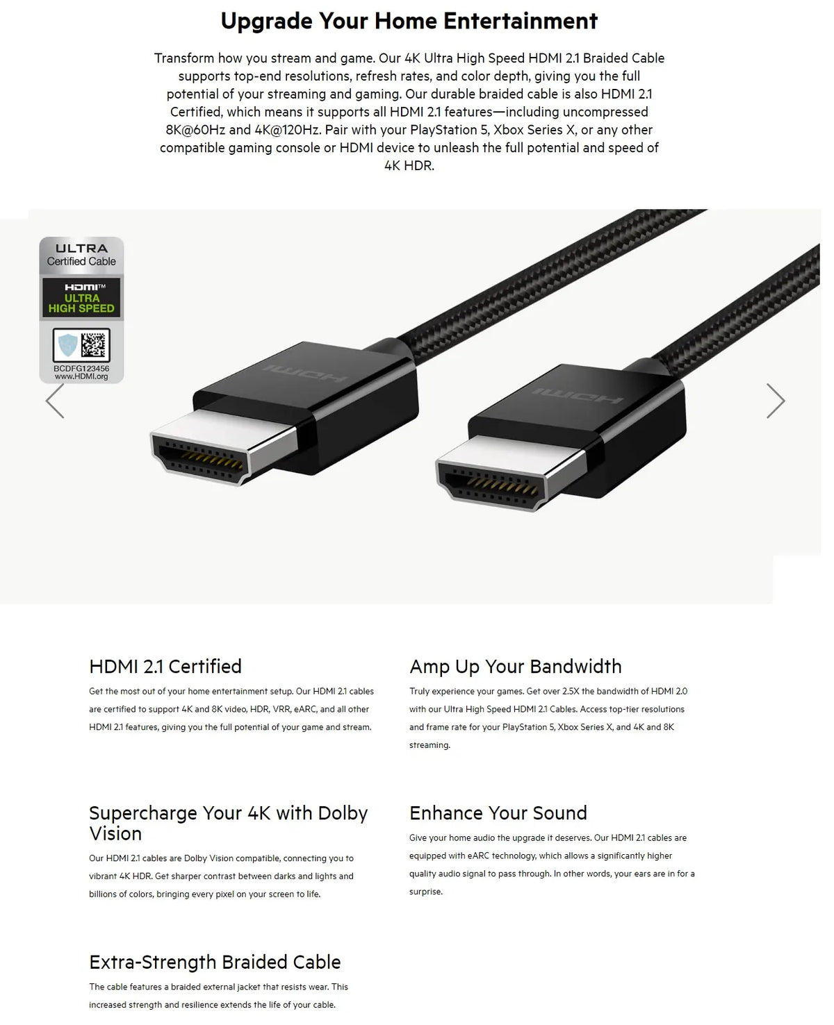 Belkin 8K Ultra High Speed HDMI 2.1 Braided Cable (2M) - Black (AV10176bt2M-BLK),8K @ 60Hz / 4K @... - Image 4