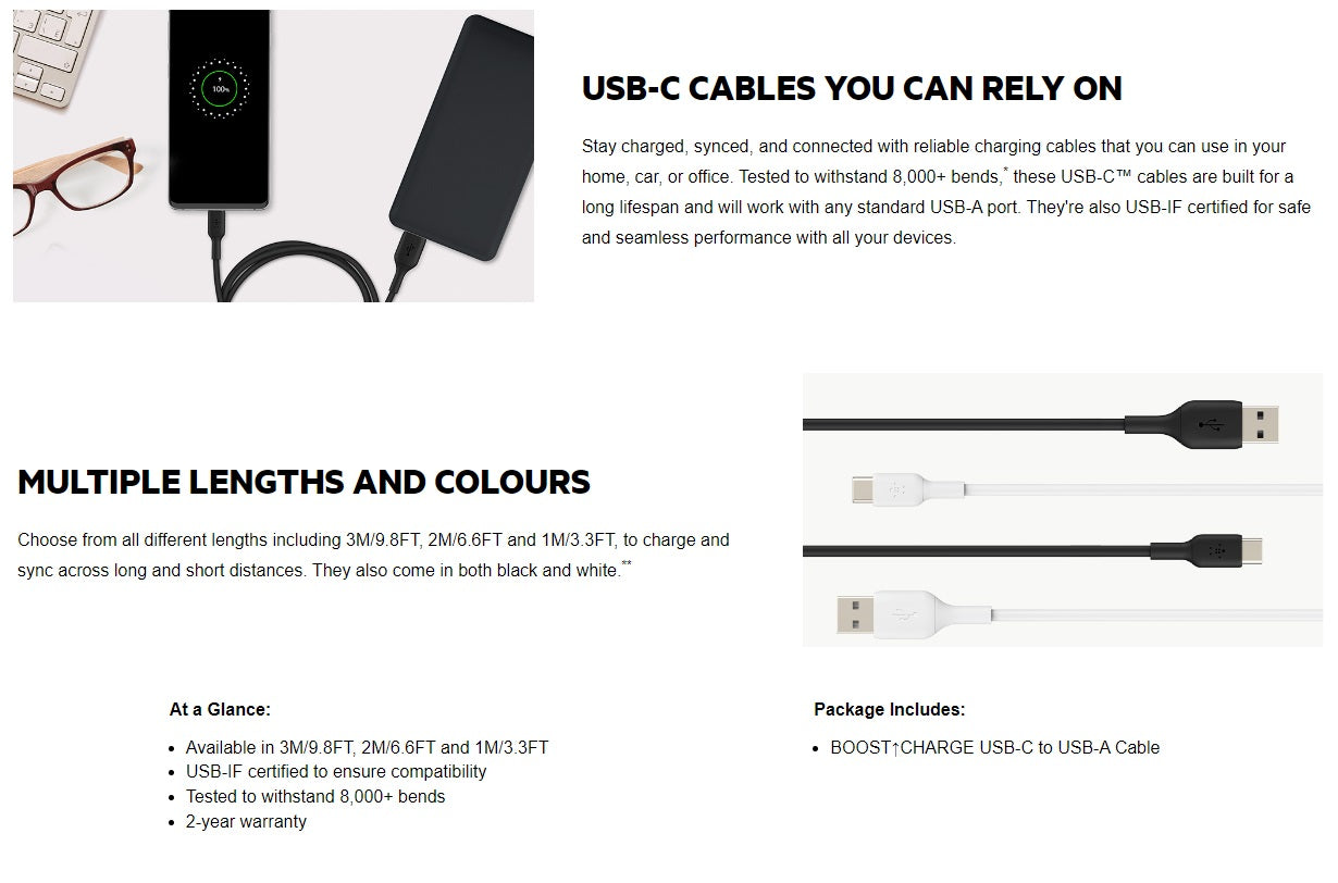 Belkin BoostCharge USB-C to USB-A Cable (1M) - White (CAB001bt1MWH), 3A/15W, 480Mbps, 25K+ Bend,... - Image 4