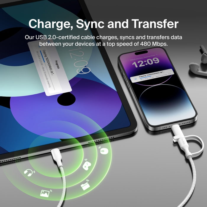 Belkin BoostCharge Pro 2-in-1 USB-C to USB-C/ Lightning (1.5M) - White (CAC003fq1.5MWH), 60W, 480... - Image 4