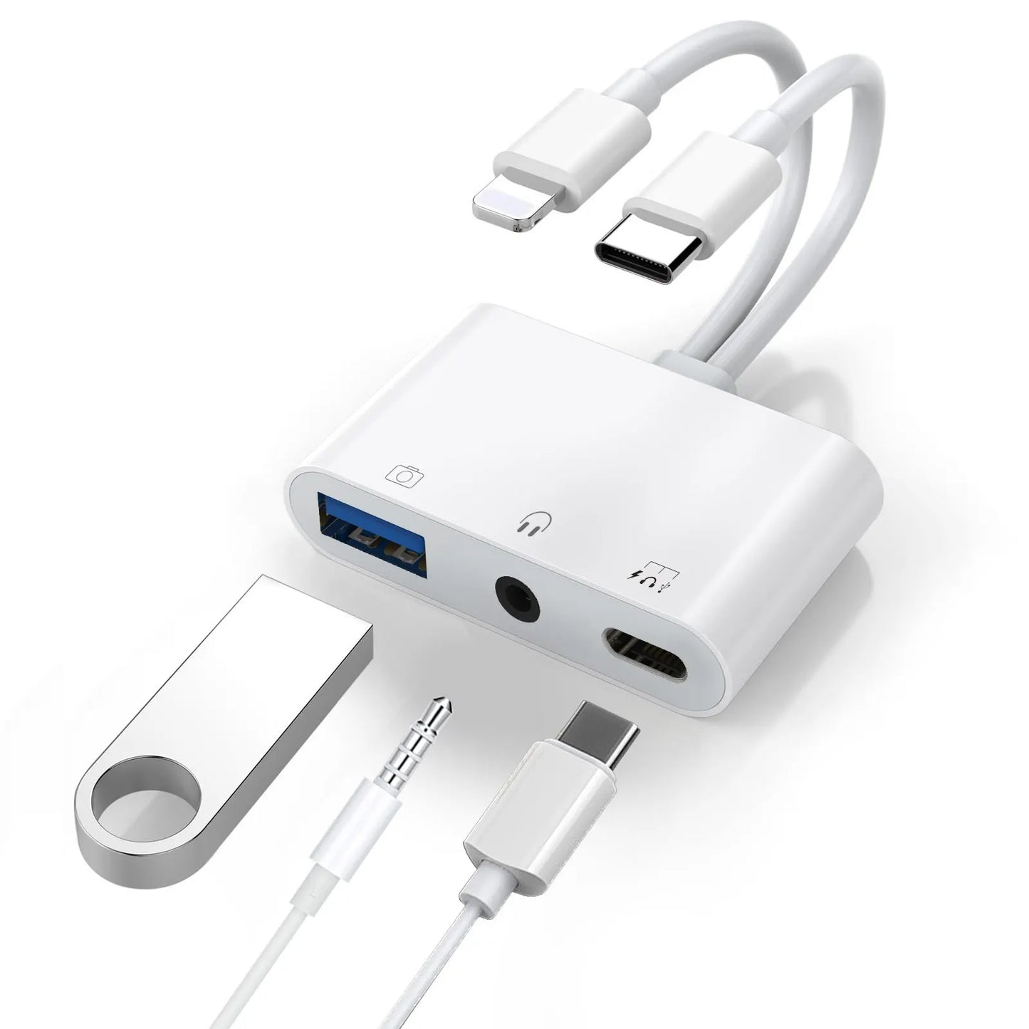 USP Lightning/USB-C to USB Adapter features a USB OTG Port, 3.5mm Headphone Jack Fast-charging P...