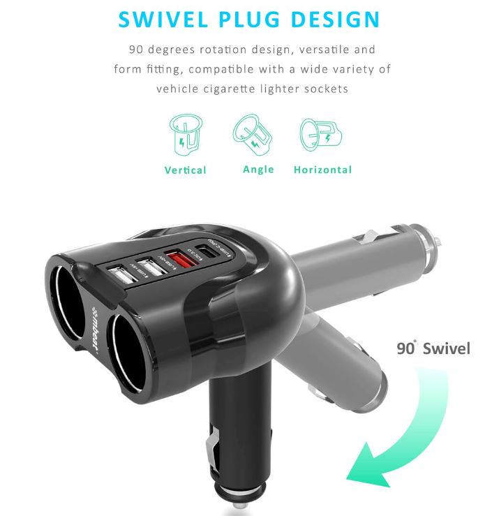 mbeat® Gorilla Power Four Port USB-C PD QC3.0 Car Charger with Cigar Lighter Splitter features built-in over heat Package Weight: 120g