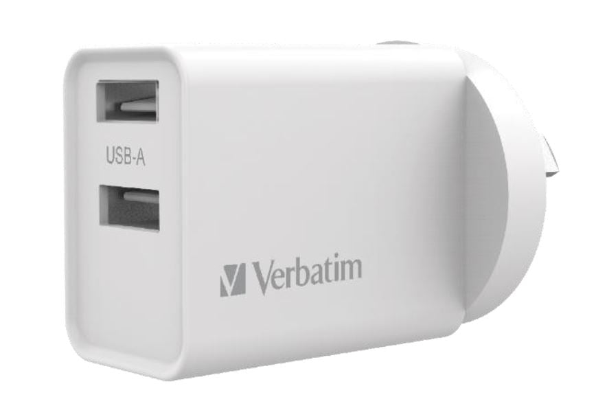 Verbatim USB Charger Dual Port 2.4A each Total 5v 3.4A White Wall Charger, Rohs, CE, Apple, Andro...