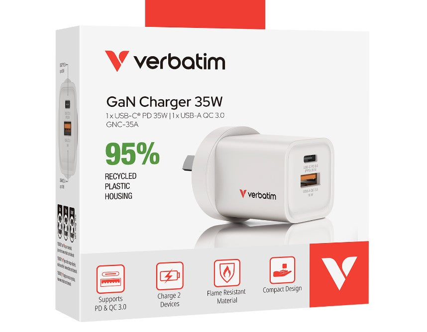Verbatim 2 Port 35 Watt Portable GaN charger, 1 x USB-C PD 35w, 1x USB-A QC 3.0, Compact Design A...