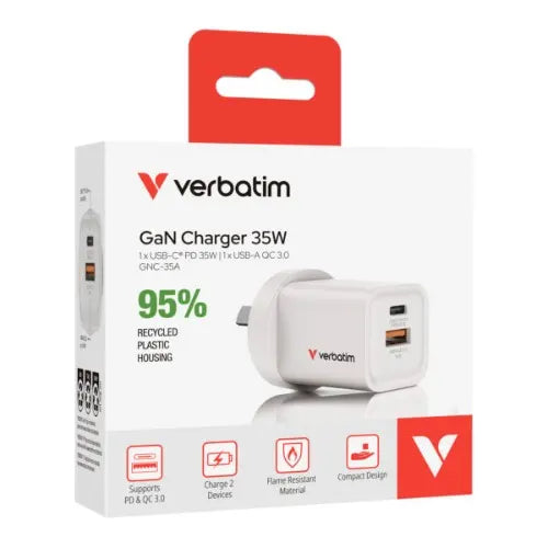 Verbatim 2 Port 35 Watt Portable GaN charger, 1 x USB-C PD 35w, 1x USB-A QC 3.0, Compact Design A...