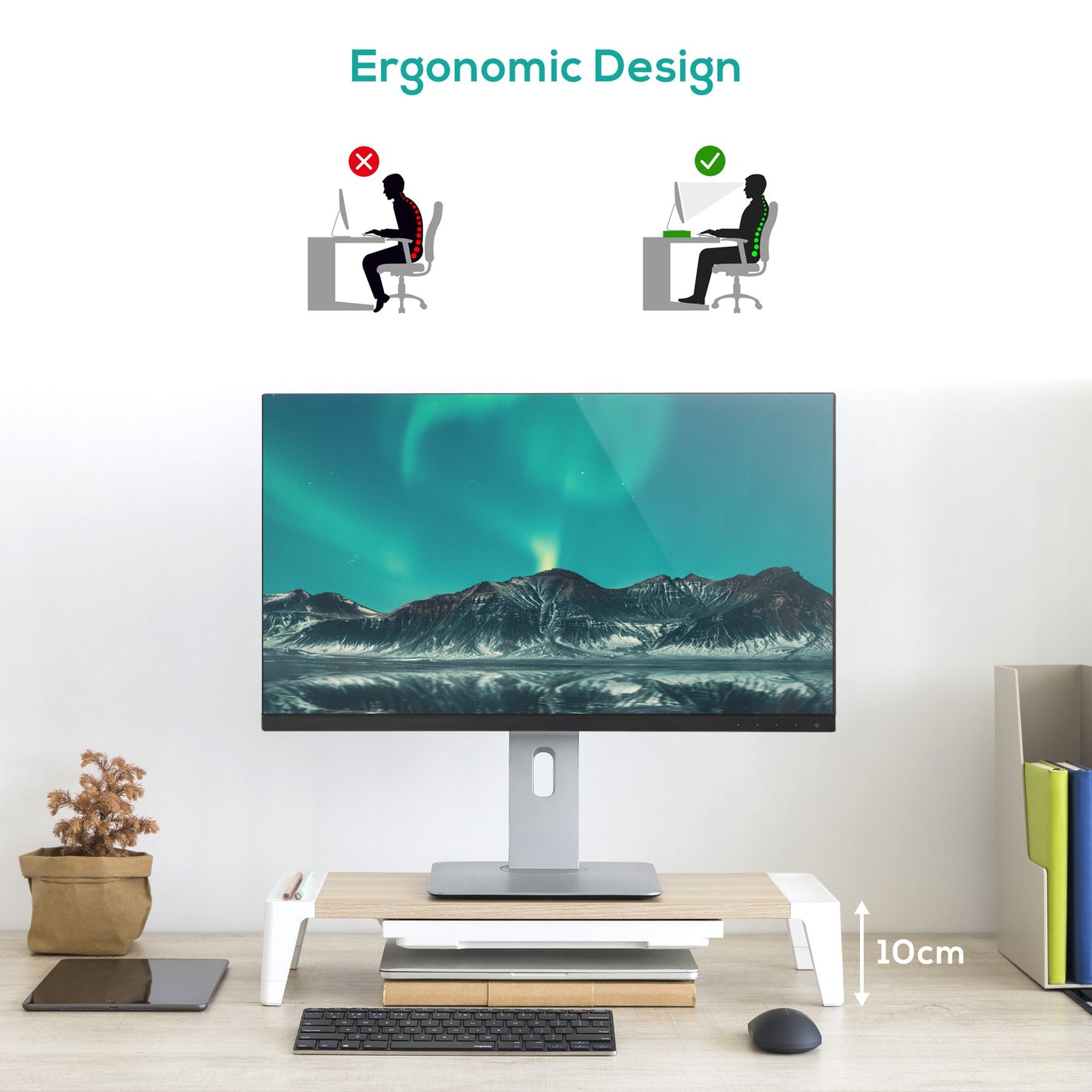 mbeat® activiva Eroglife Monitor Stand Riser with Storage Drawer - Ergonomic Design, Reduces Eye Strain and Improves Work Posture, White Oak