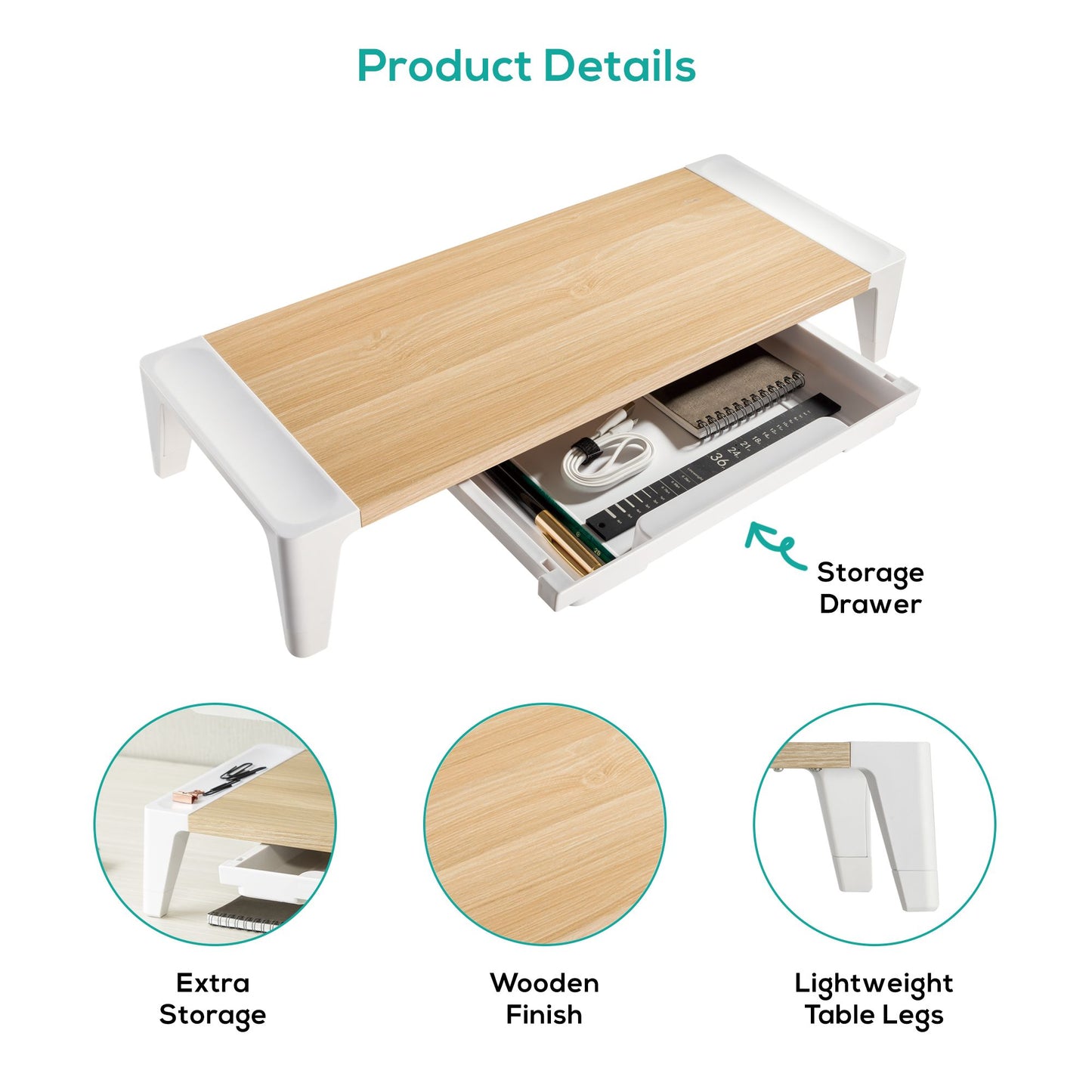 mbeat® activiva Eroglife Monitor Stand Riser with Storage Drawer - Ergonomic Design, Reduces Eye Strain and Improves Work Posture, White Oak
