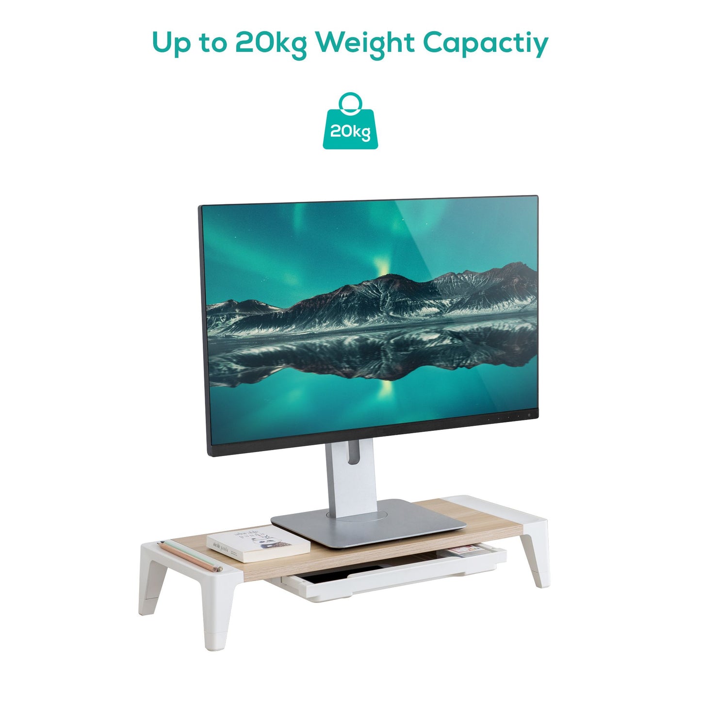 mbeat® activiva Eroglife Monitor Stand Riser with Storage Drawer - Ergonomic Design, Reduces Eye Strain and Improves Work Posture, White Oak