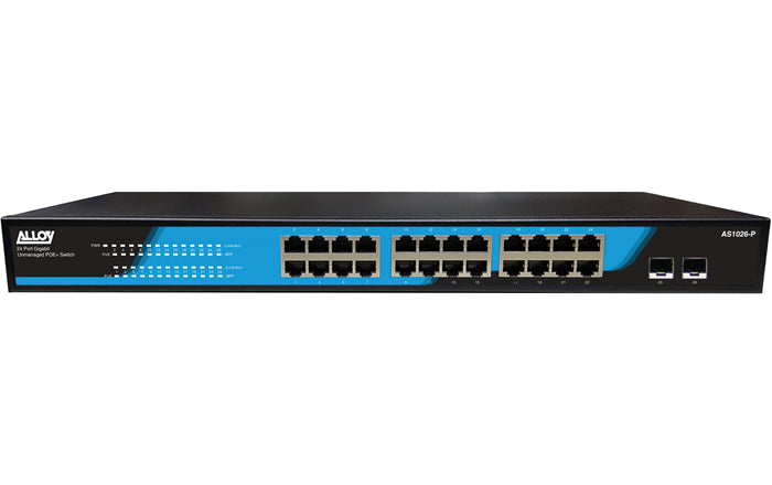 Alloy AS1026-P 24 Port Unmanaged Gigabit 802.3at PoE Switch + 2x 1000Mb SFP Ports, 250 Watts - N...