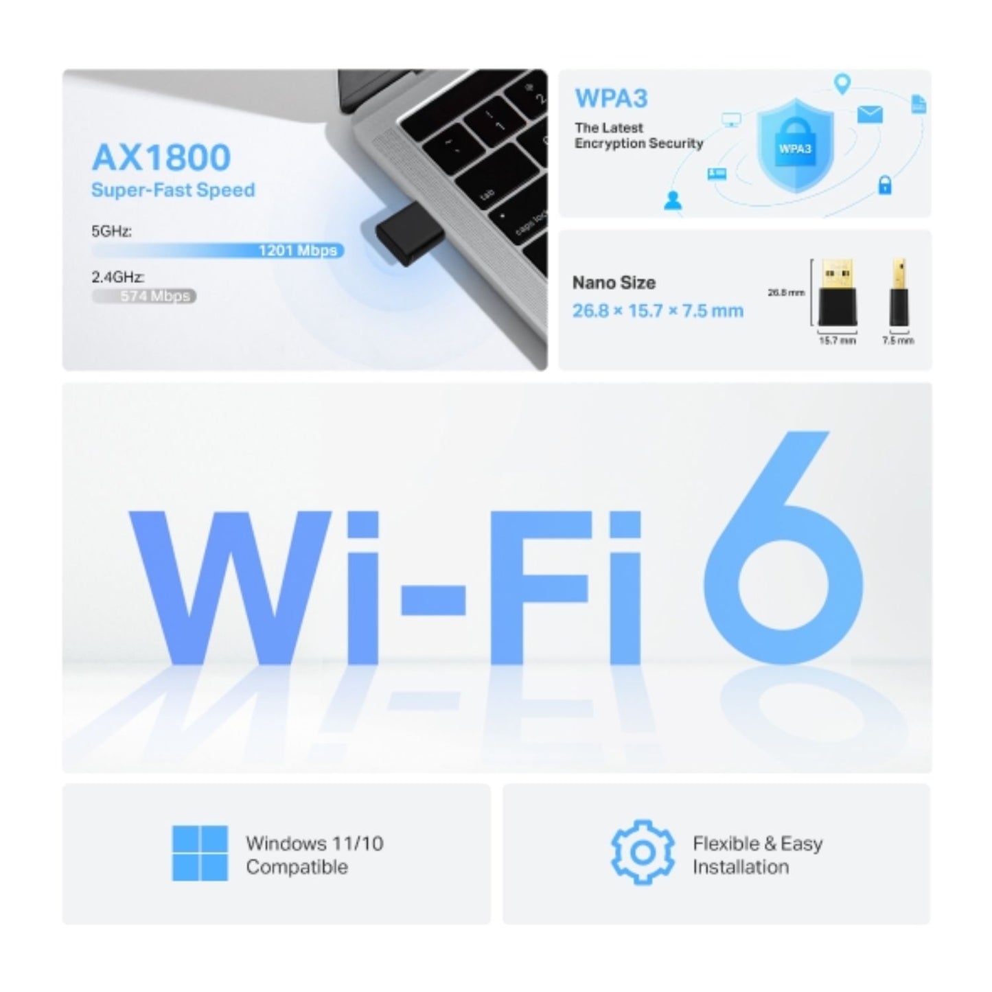 TP-Link Archer TX20U Nano AX1800 Nano Wi-Fi 6 Wireless USB Adapter, 1201 Mbps at 5 GHz + 574 Mbps at 2.4 GHz, Internal Antennas, USB 3.0FEATURE: MU-