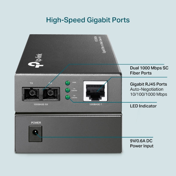 TP-Link MC200CM 1000Mbps RJ45 to 1000Mbps multi-mode SC fiber Converter, Full-duplex, up to 550m, switching power adapter, chassis TL-MC1400 rack-moun