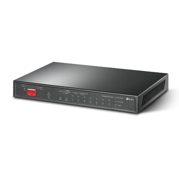 TP-Link TL-SG1210MP 10-Port Gigabit Desktop Switch with 8-Port PoE+PORT: 8× Gigabit PoE+ Ports, 2x Gigabit Non-PoE Ports, 1× Combo Gigabit SFP SlotS