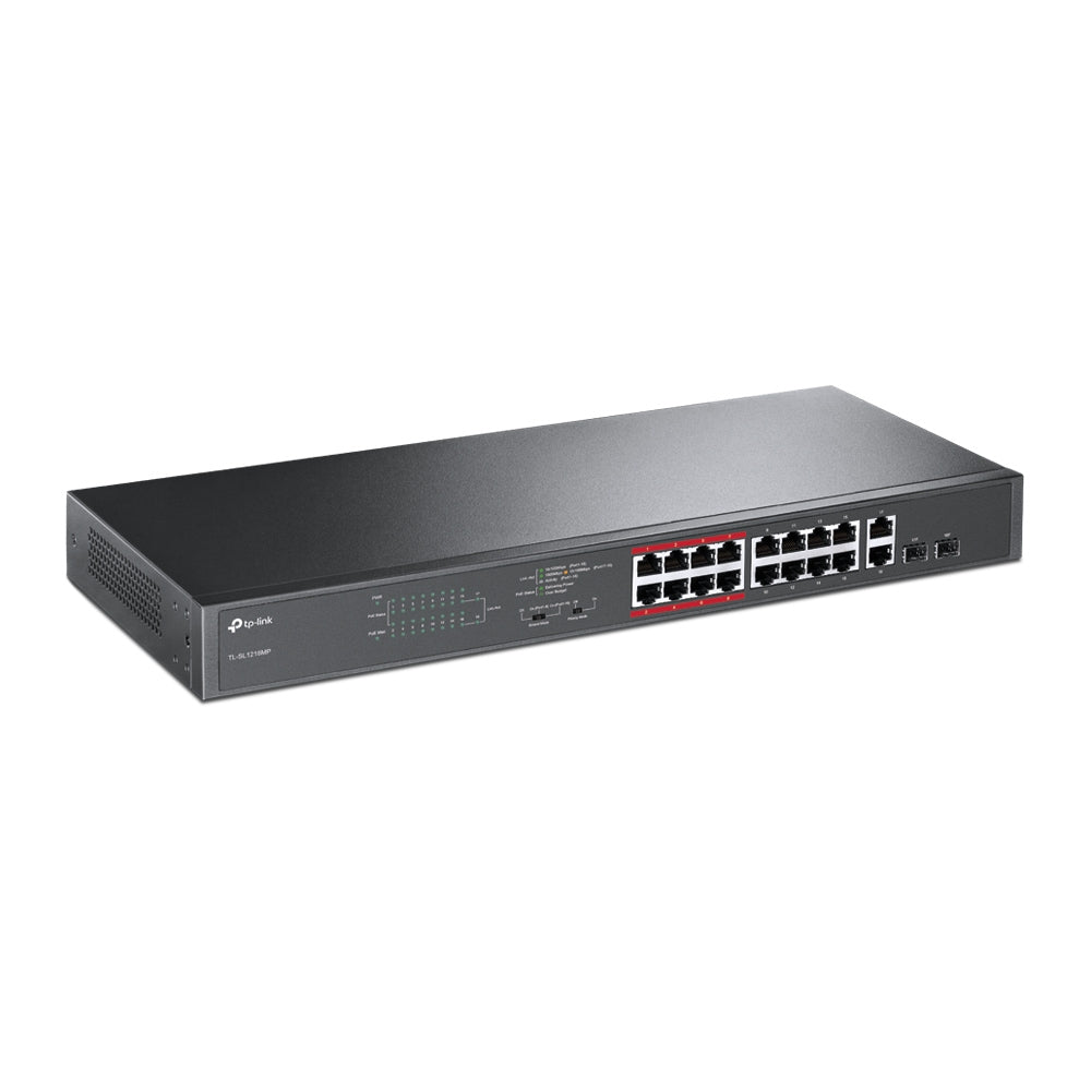 TP-Link TL-SL1218MP 16-Port 10/100Mbps PoE+ Switch, 16 10/100Mbps RJ45 Ports, 2 Gigabit RJ45 Ports, 2 Combo SFP Slots, 802.3at/af, 192W PoE Power, 1U