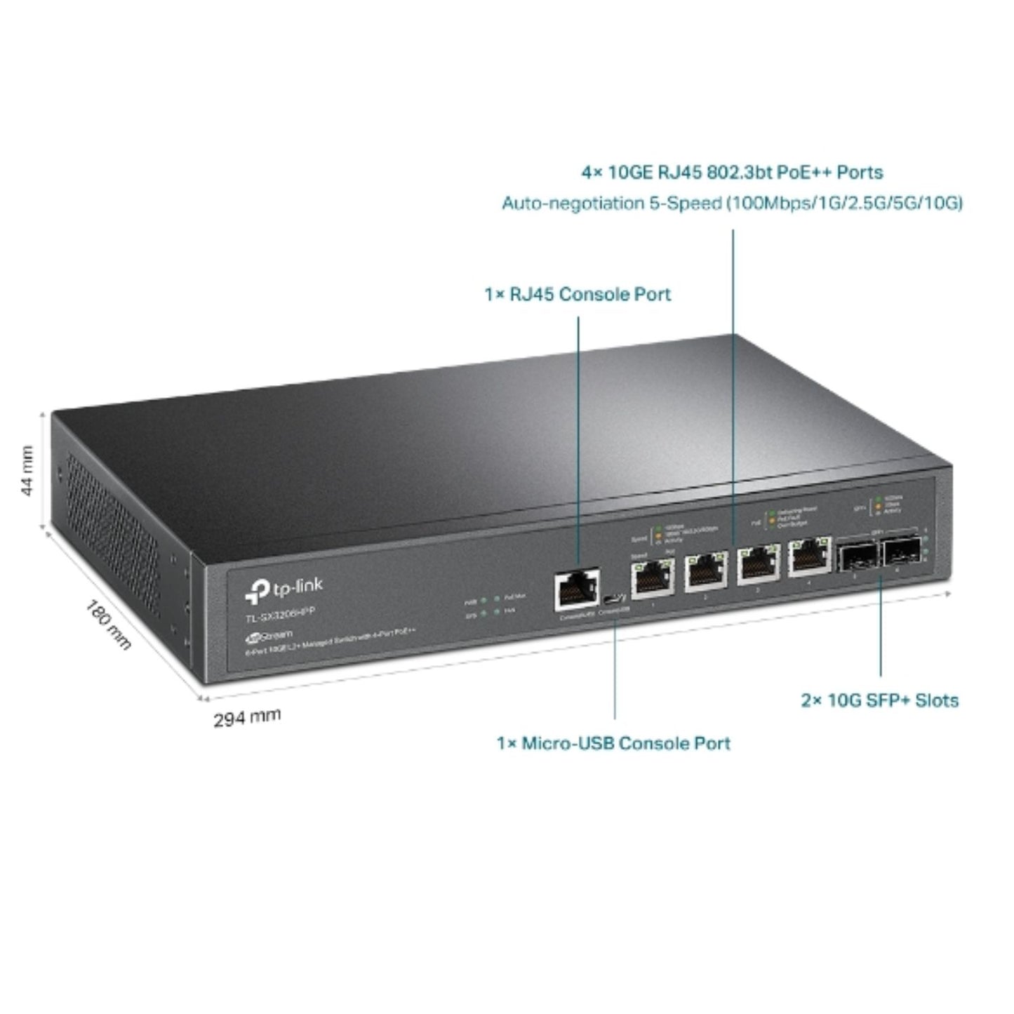 TP-Link SX3206HPP Omada JetStream 6-Port 10GE L2+ Managed Switch with 4-Port PoE++, 4× 10G PoE++... - Image 2