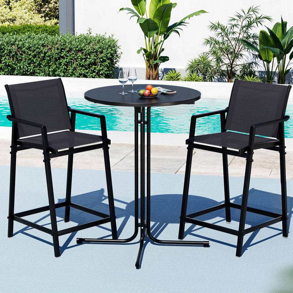 Gardeon 3PC Outdoor Bar Set Stools Dining Chairs Table Patio Furniture Bistro Set Steel Black - Image 7