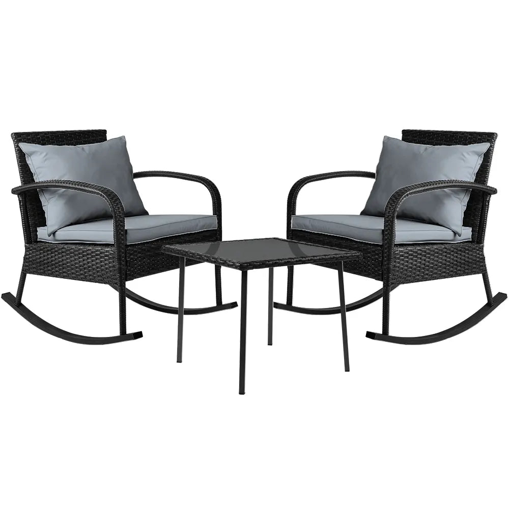 Gardeon 3PC Rocking Chair Table Wicker Outdoor Furniture Patio Bistro Set Black - Image 8