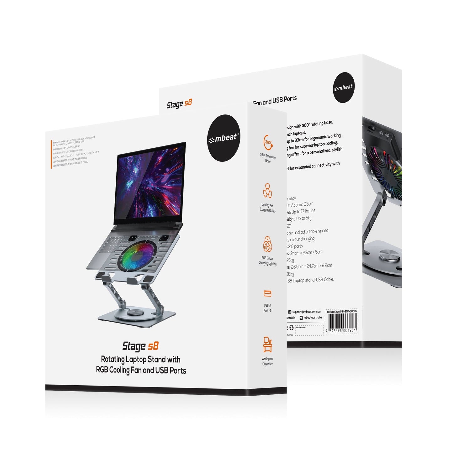 mbeat® Stage S8 Rotating Laptop Stand with RGB Cooling Fan and USB Ports Material: Aluminium allo... - Image 4