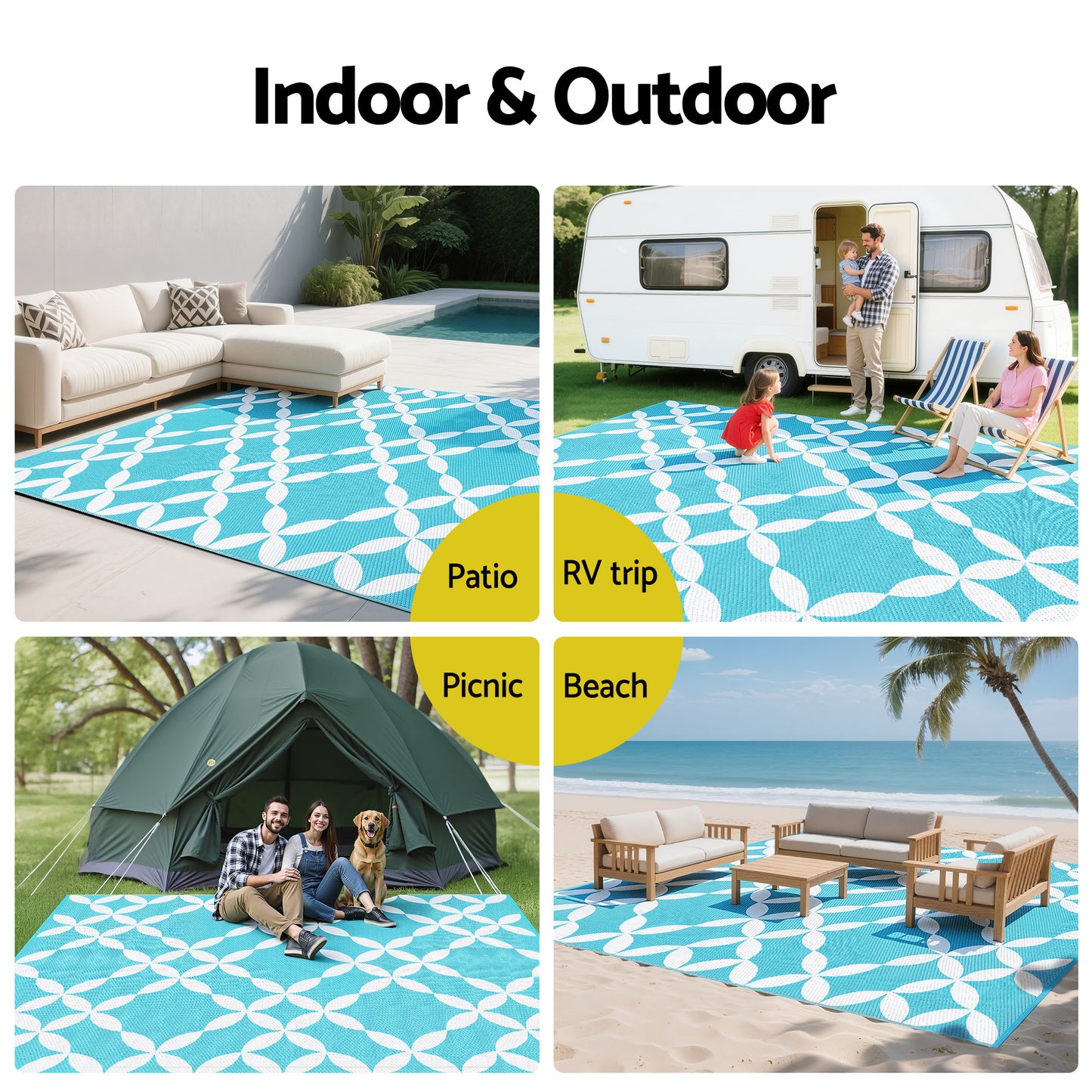Gardeon Outdoor Rugs 274x366cm Large Carpet Reversible Area Mat PP Dual-Sided Patio Rug Light Blue - Image 8