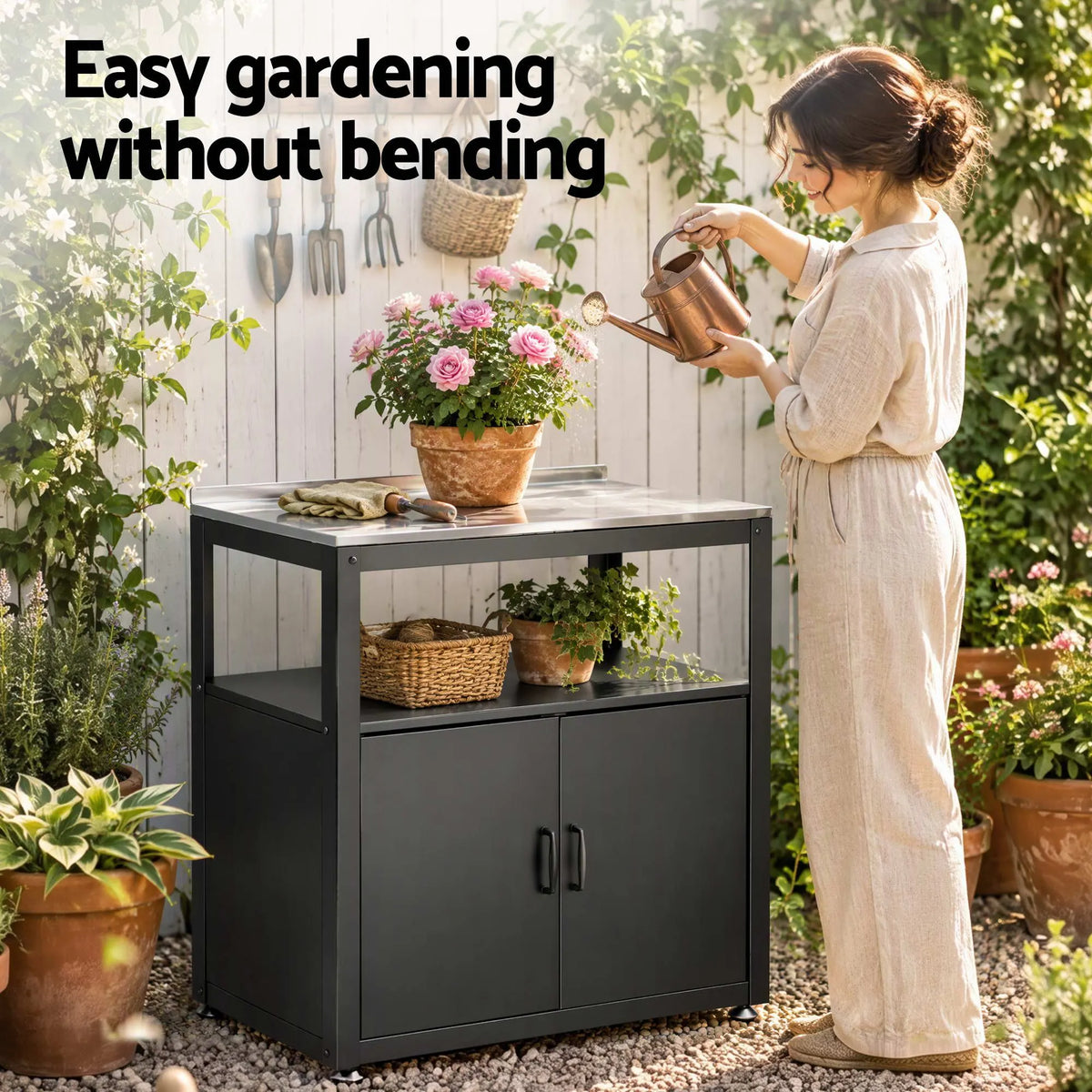 Gardeon Outdoor Storage Cabinet Garden Potting Bench Stainless Steel Table Top Black - Image 9