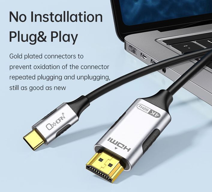 Oxhorn USB C to HDMI 2.0 3m cable 4K@60Hz Aluminum plugs black Support HDCP 1.4 HDCP 2.2 Thunderb... - Image 3
