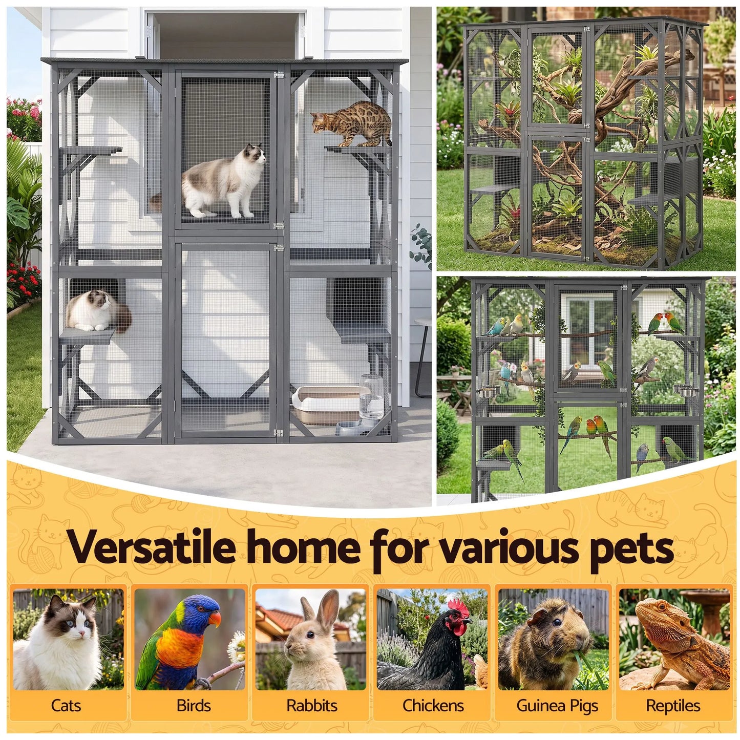 i.Pet Cat House 181cm Outdoor Catio Enclosure Walk-In Large Rabbit Hutch Grey - Image 9