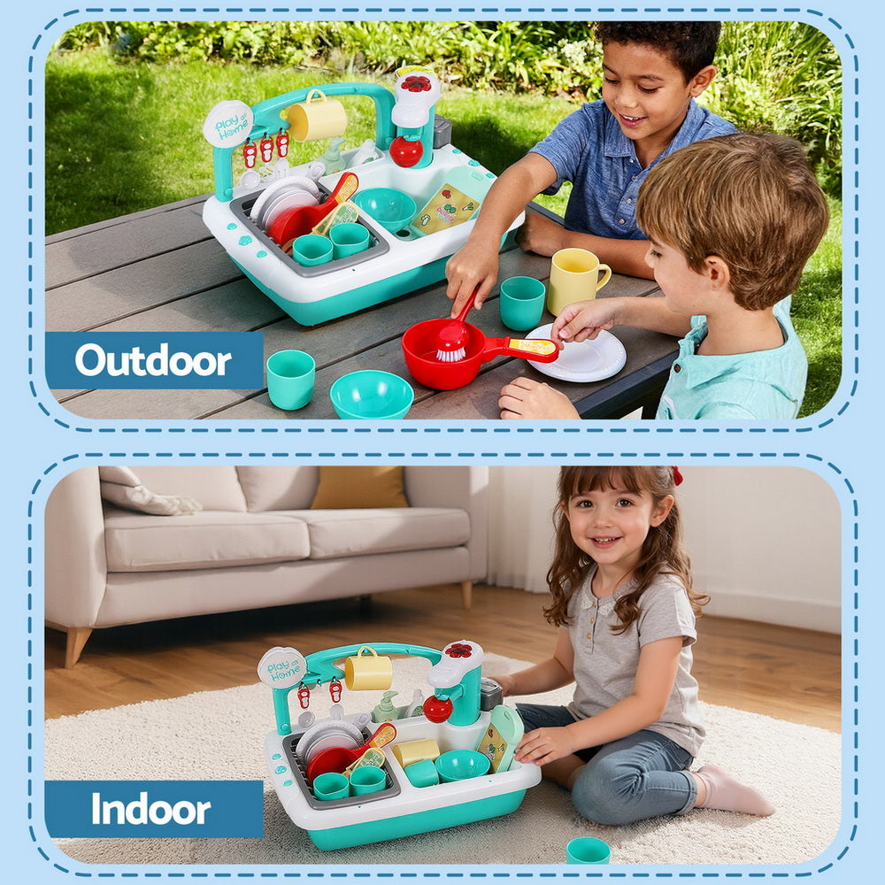 Keezi Kids Kitchen Play Set Play Pretend Sink Dishwasher Toys Green - Image 8