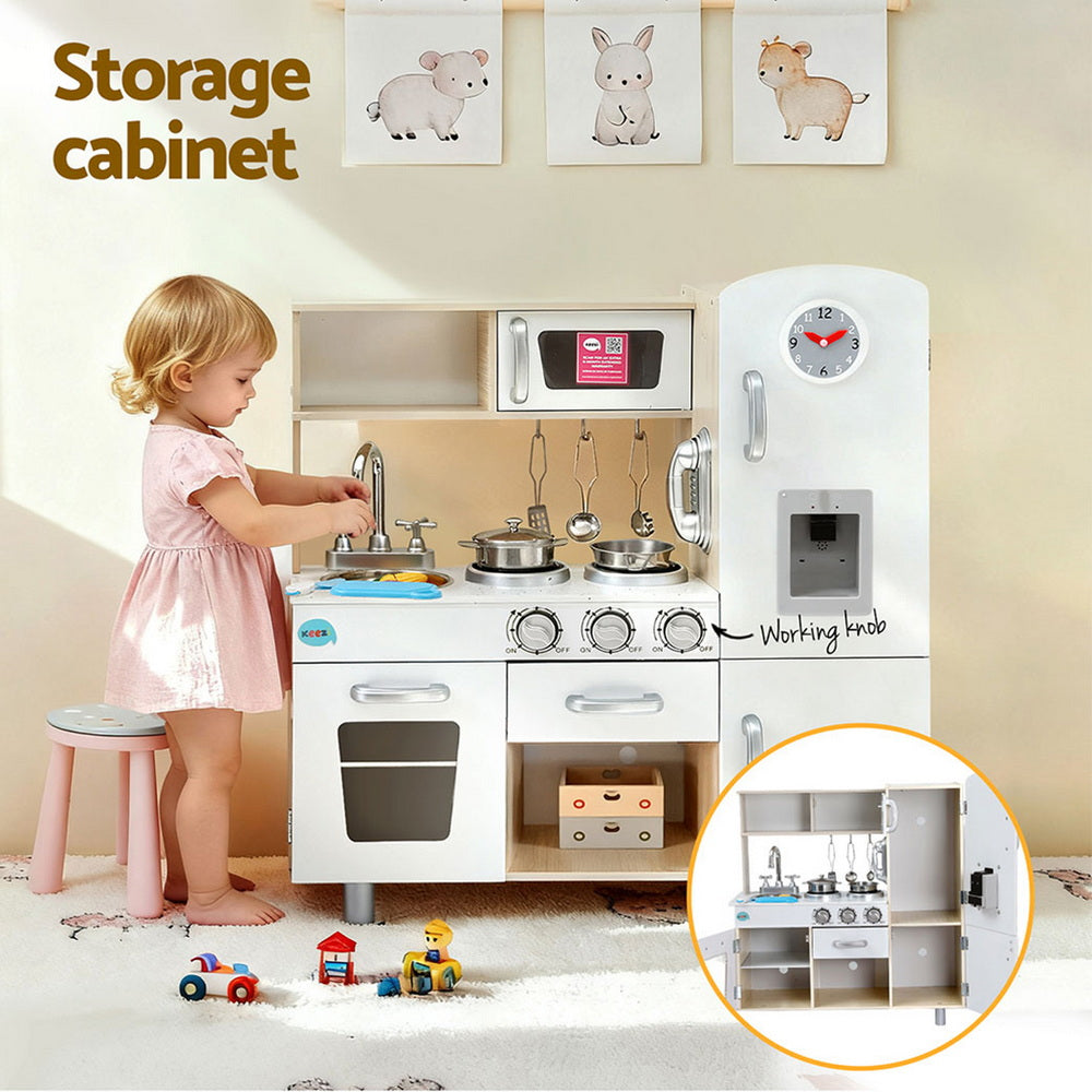 Keezi Kids Kitchen Play Set Wooden Pretend Toys Cooking Children Clock Beige - Image 8