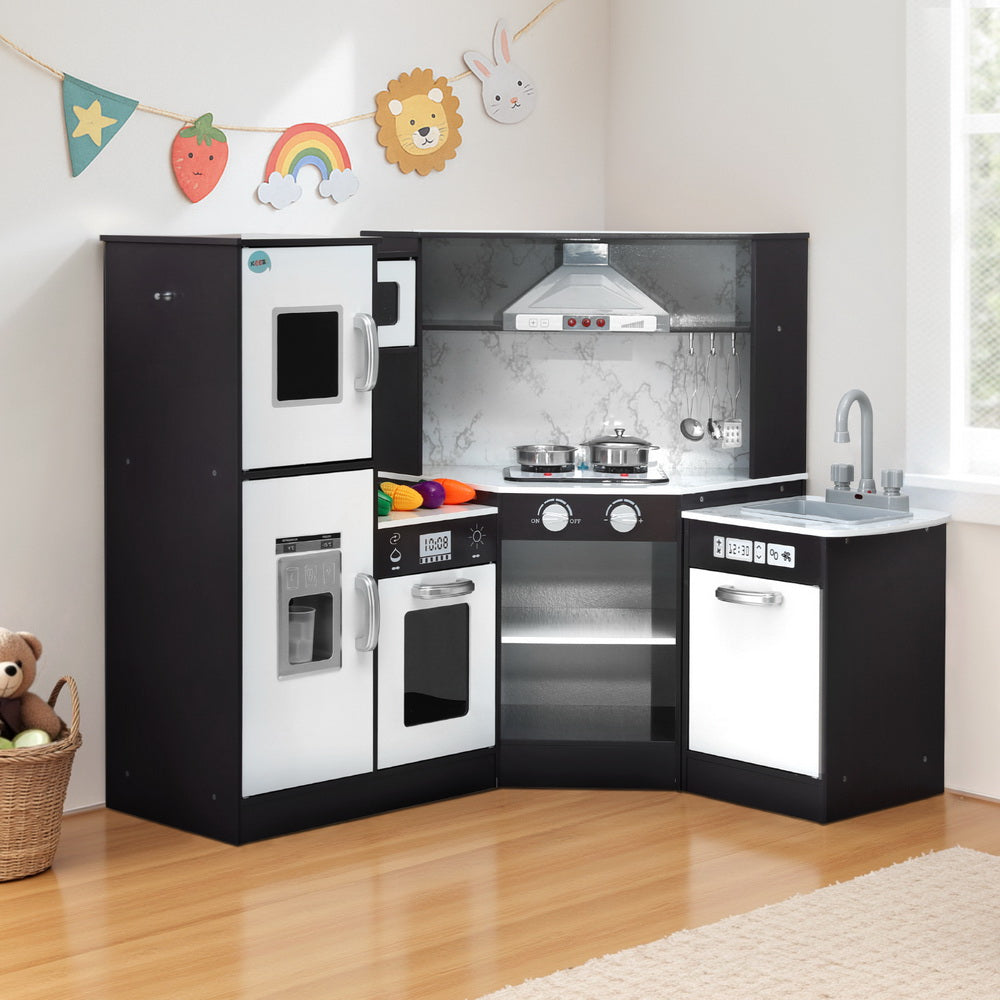 Keezi Kids Kitchen Play Set Wooden Pretend Cooking Playset w/Sounds Lights Black - Image 7