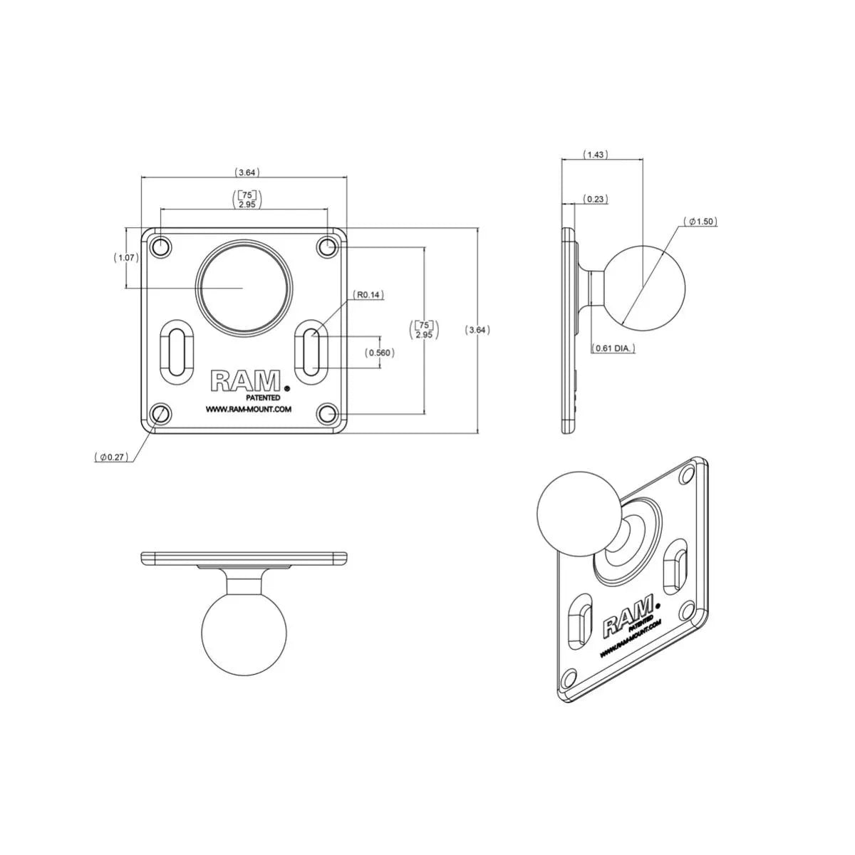 RamMount RAM 75mm X 75mm VESA Plate with 1.5'' - Tablet Accessories - Image 4