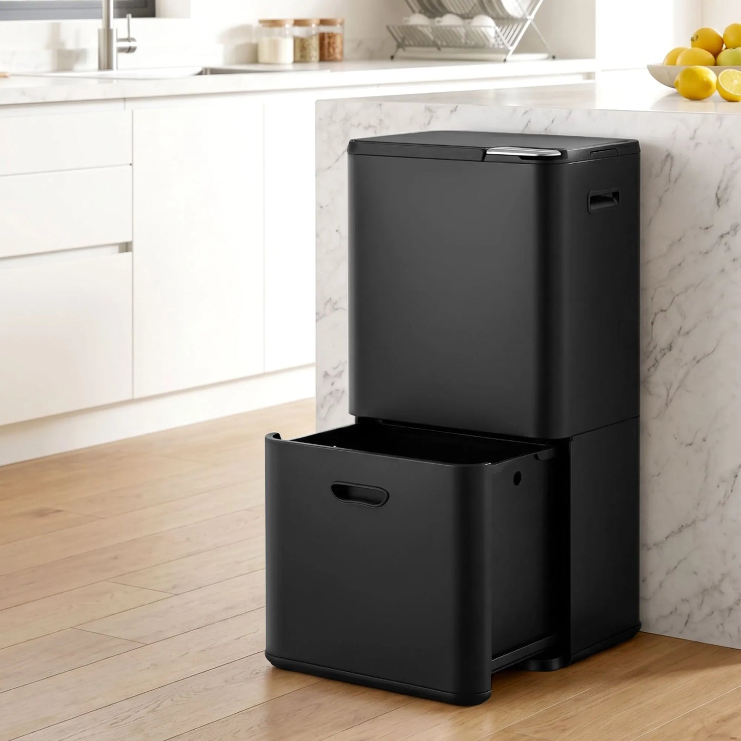 Cefito 63L Rubbish Bin 3 Compartment Carbon Steel Split Door Trash Can Black - Image 9