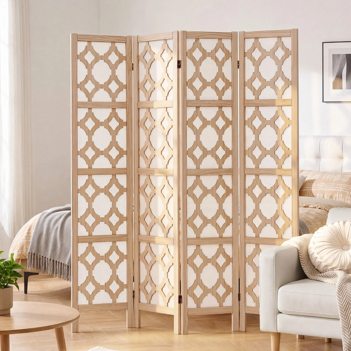 Artiss 4 Panel Room Divider Folding Privacy Screen Wooden Partition Geometric Freestanding Separator Natural 170cm - Image 8