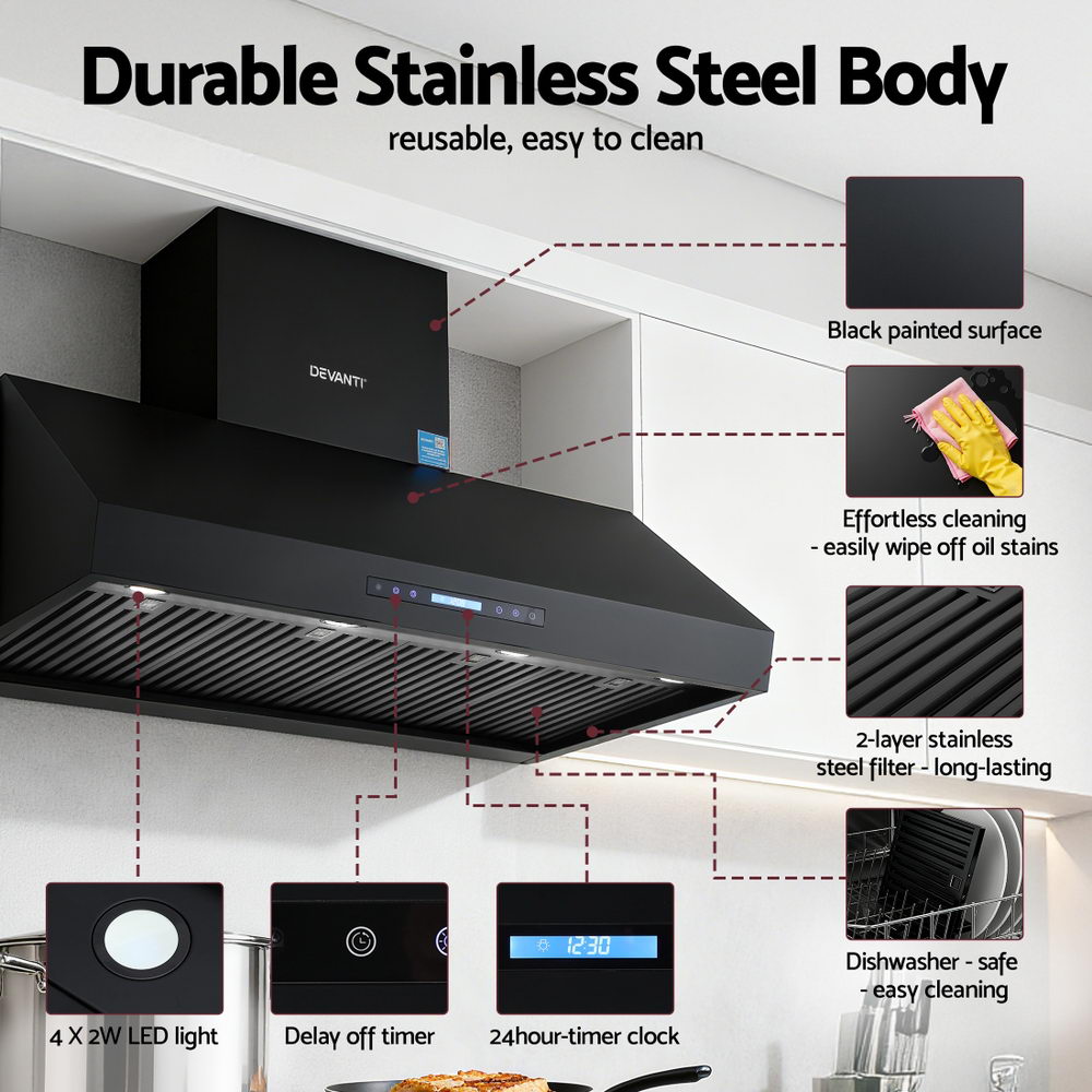 Devanti 1200mm Commercial BBQ Range Hood Dual Motor W/ Remote Control Black - Image 8