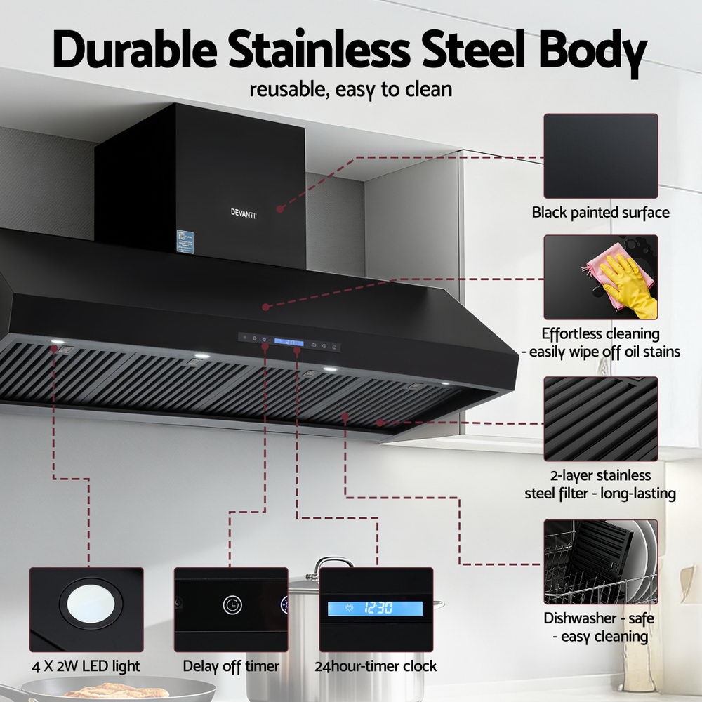 Devanti 1500mm Commercial BBQ Range Hood Dual Motor W/ Remote Control Black - Image 8