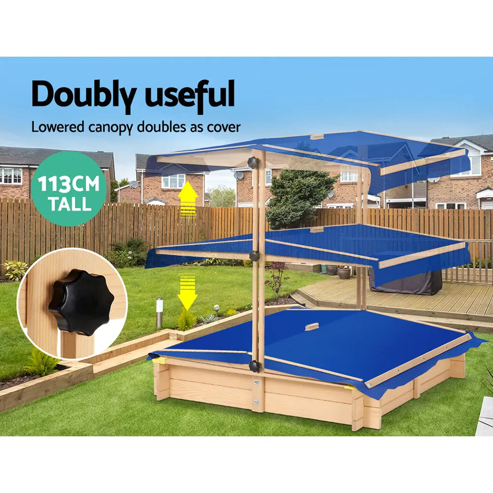 Keezi Kids Sandpit Wooden Sandbox Sand Pit with Canopy Bench Seat Toys 101cm - Image 6
