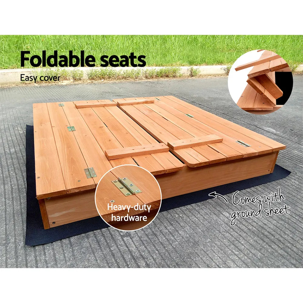 Keezi Kids Sandpit Wooden Sandbox Sand Pit Foldable Seat Outdoor Beach Toys 90cm - Image 6