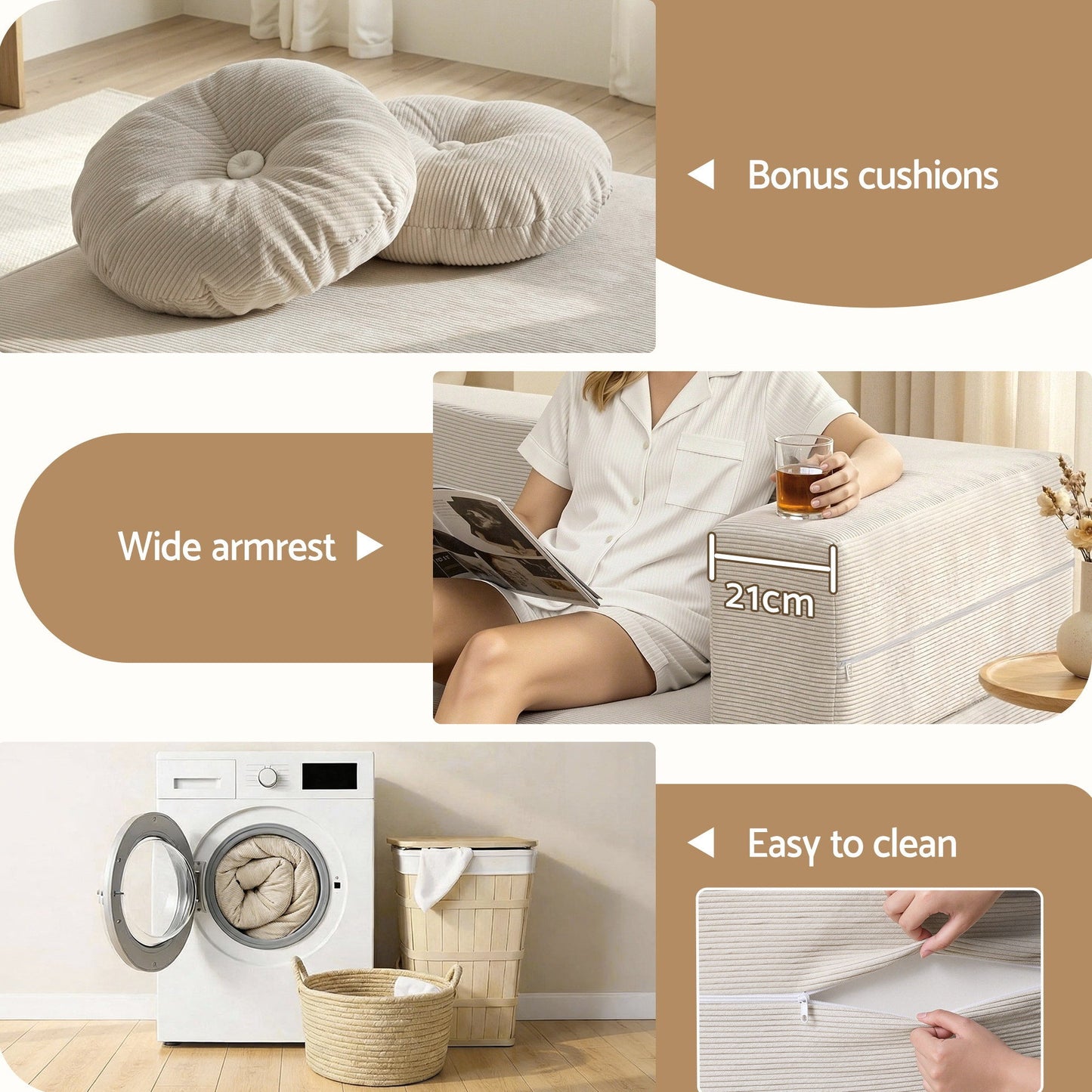 Artiss Folding Sofa Bed Floor Couch 2-in-1 Convertible Futon Loveseat Beige - Image 9