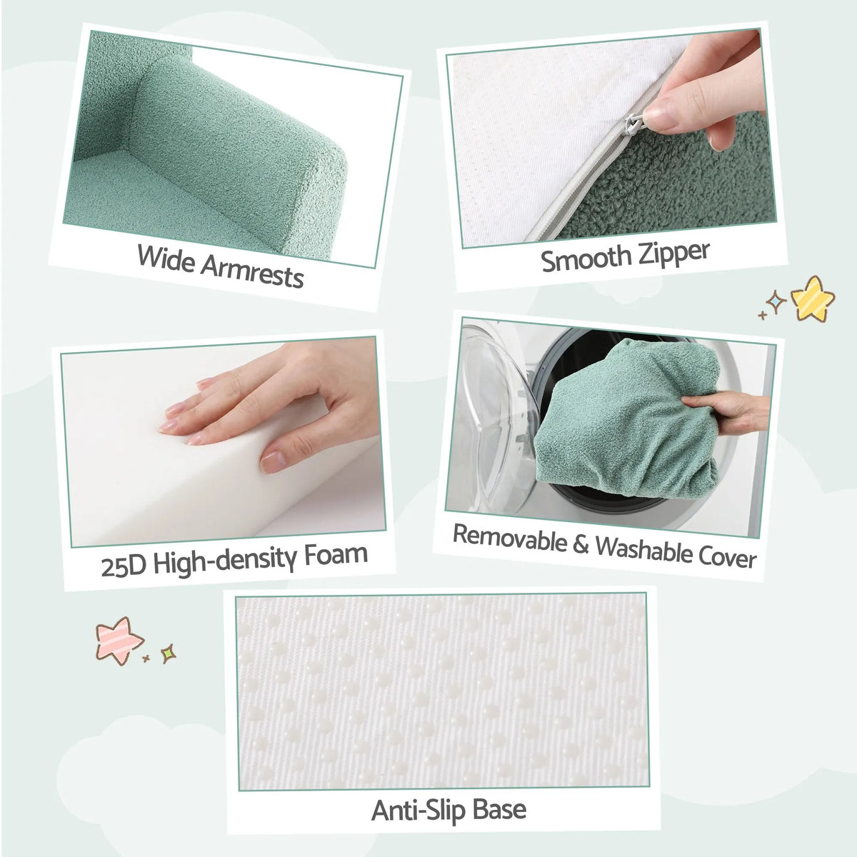 Artiss Kids Sofa Toddler Foam Couch with Carry Handle Mint Green - Image 9