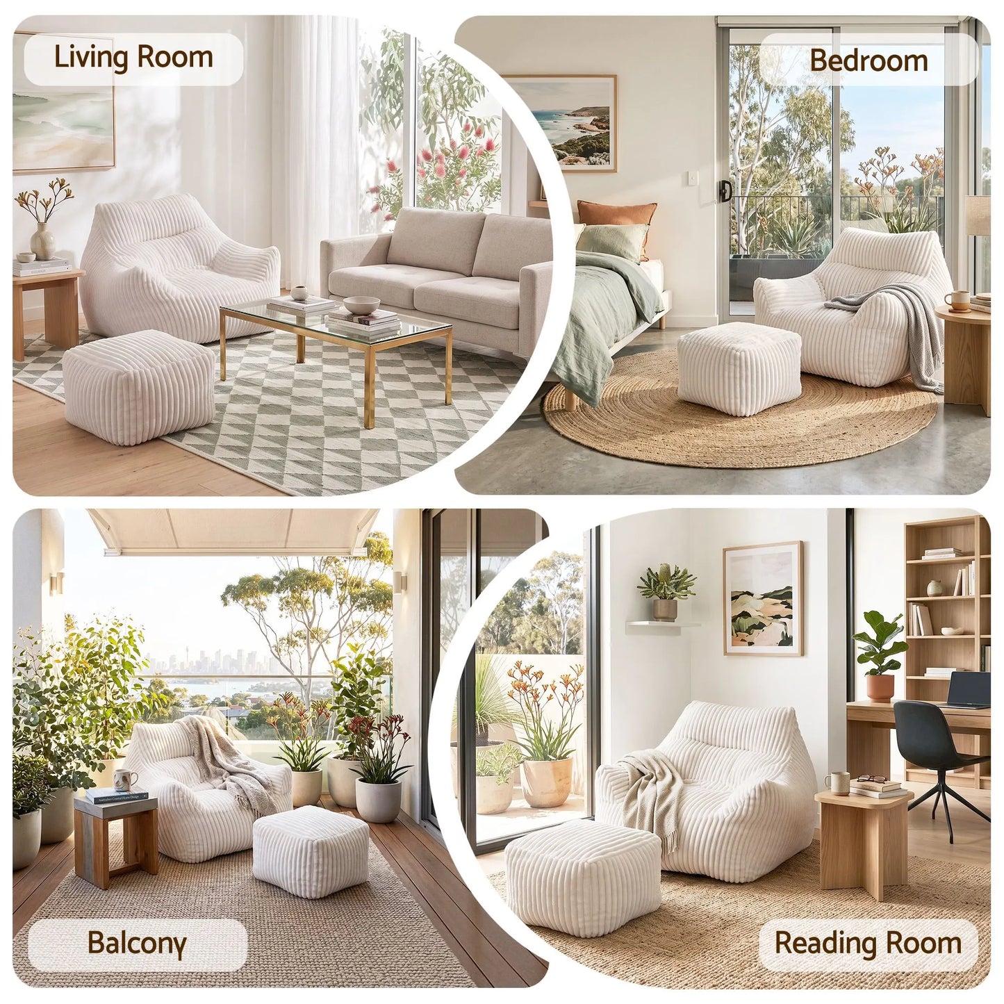 Artiss Bean Bag Sofa w/Ottoman Corduroy for Adults Teens White - Image 9