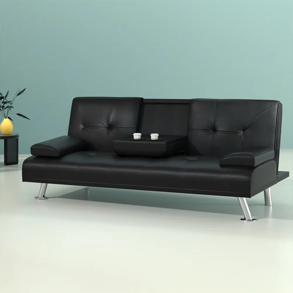 Artiss Sofa Bed Lounge Convertible Leather Couch Bed 3 Seater Cupholder Recliner - Image 8