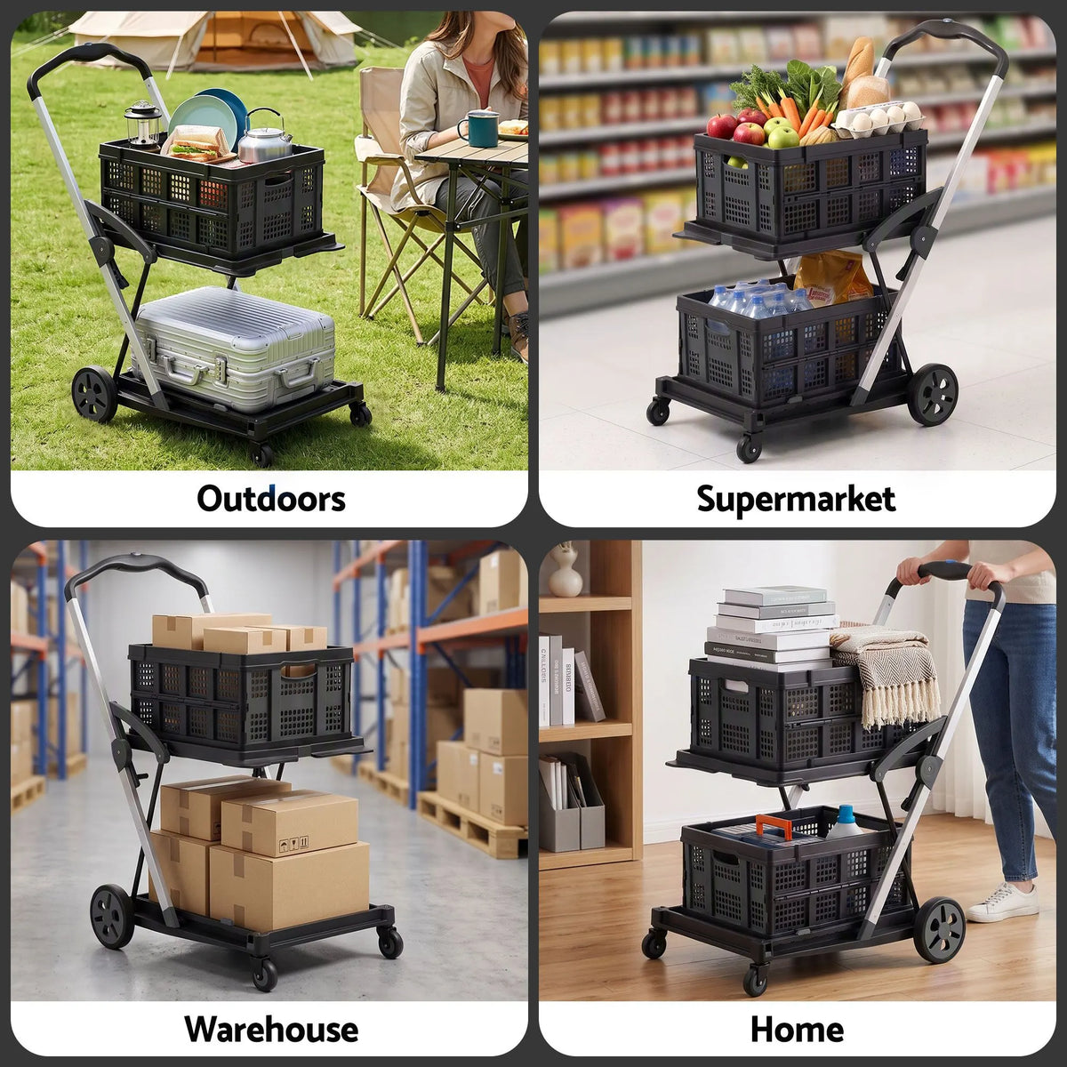 Artiss Shopping Trolley with Wheels 2 Layer w/2 Crates Foldable Trolley Black - Image 9