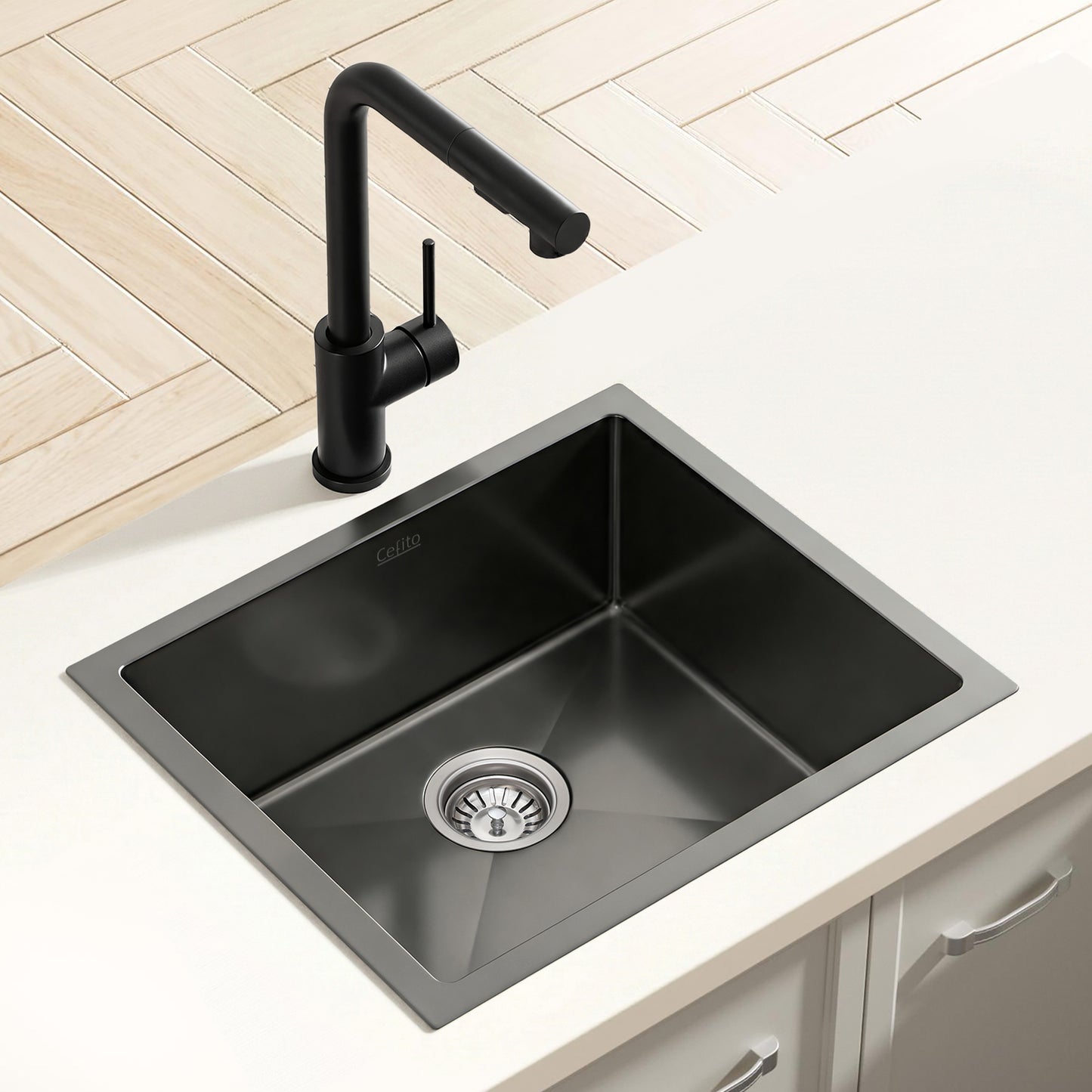 Cefito Stainless Steel Sink 44x44CM With Pull Out Mixer Tap Kitchen Basin Single Bowl Black - Image 7
