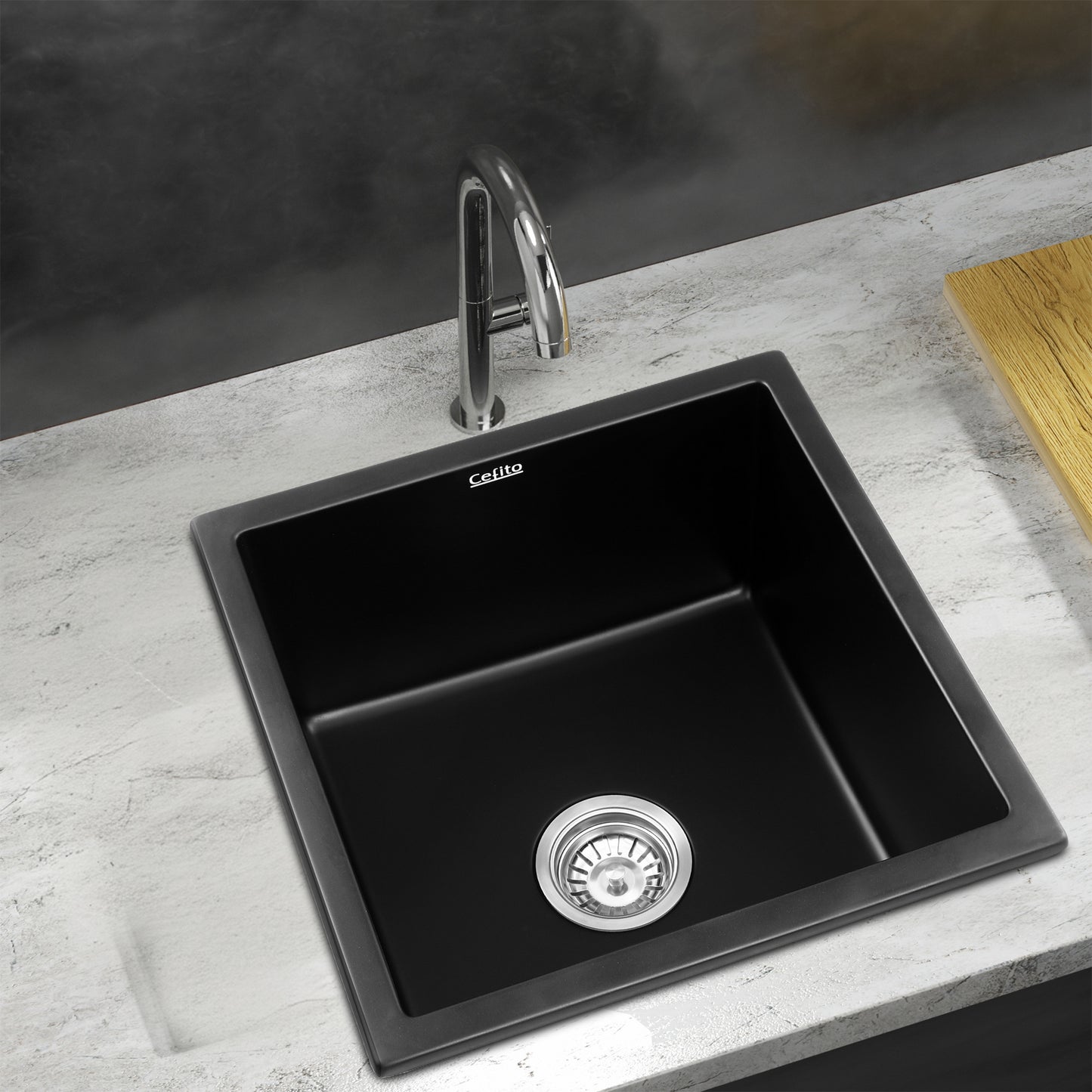 Cefito Kitchen Sink 45x45cm Granite Stone Sink Single Bowl Black - Image 7