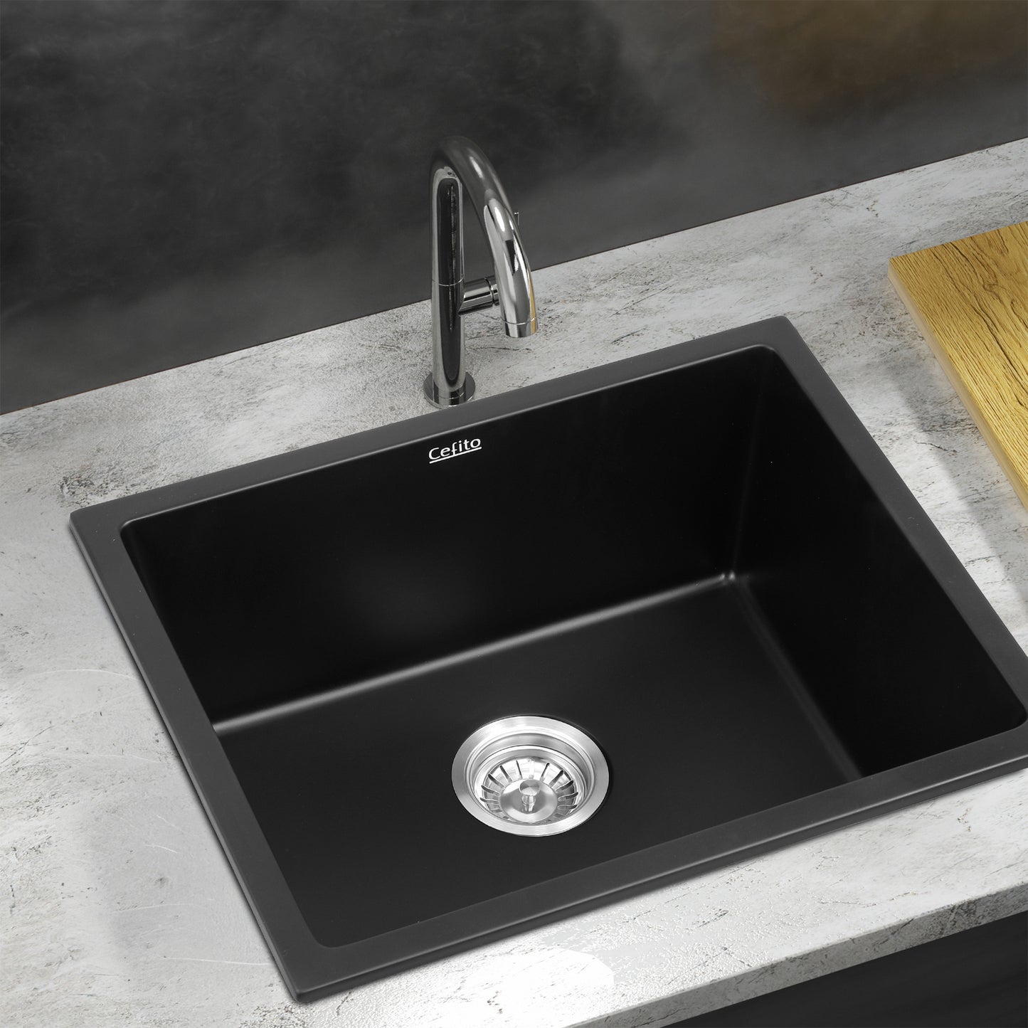 Cefito Kitchen Sink 55x45cm Granite Stone Sink Single Bowl Black - Image 7