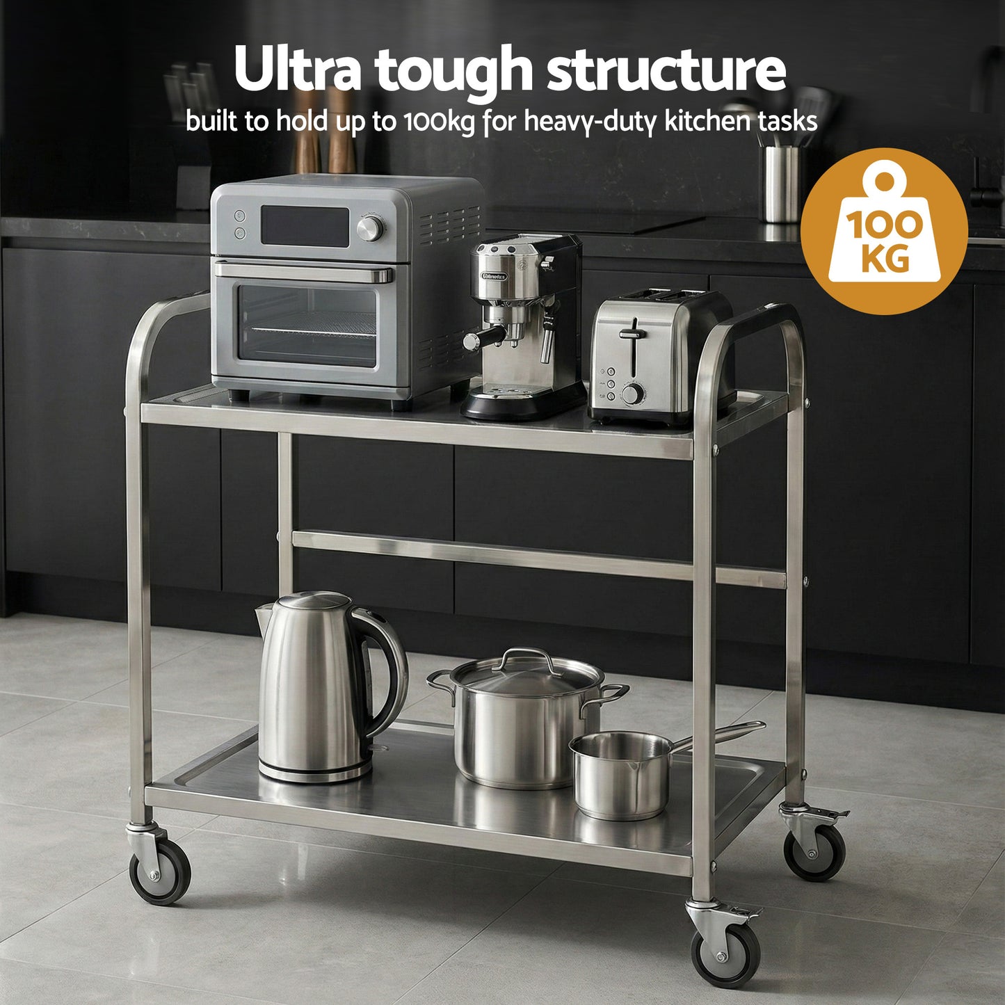Cefito 2-Tier Stainless Steel Kitchen Trolley with Wheels 84x56x98cm - Image 7