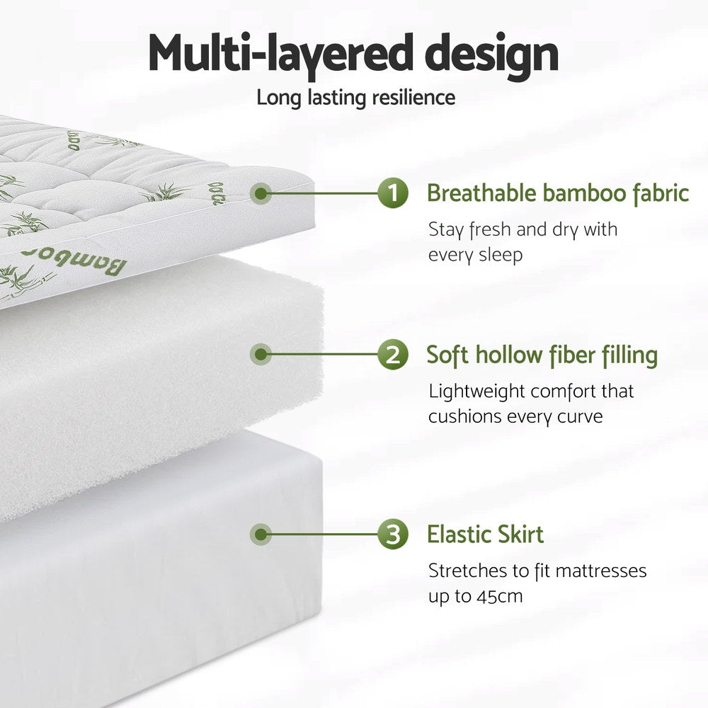 Giselle Bedding 1500GSM Pillowtop Mattress Topper Bamboo Mattress Pad for Back Pain Relief Washable 11cm Thick Bed Cover with 45cm Deep Pocket King Single - Image 5