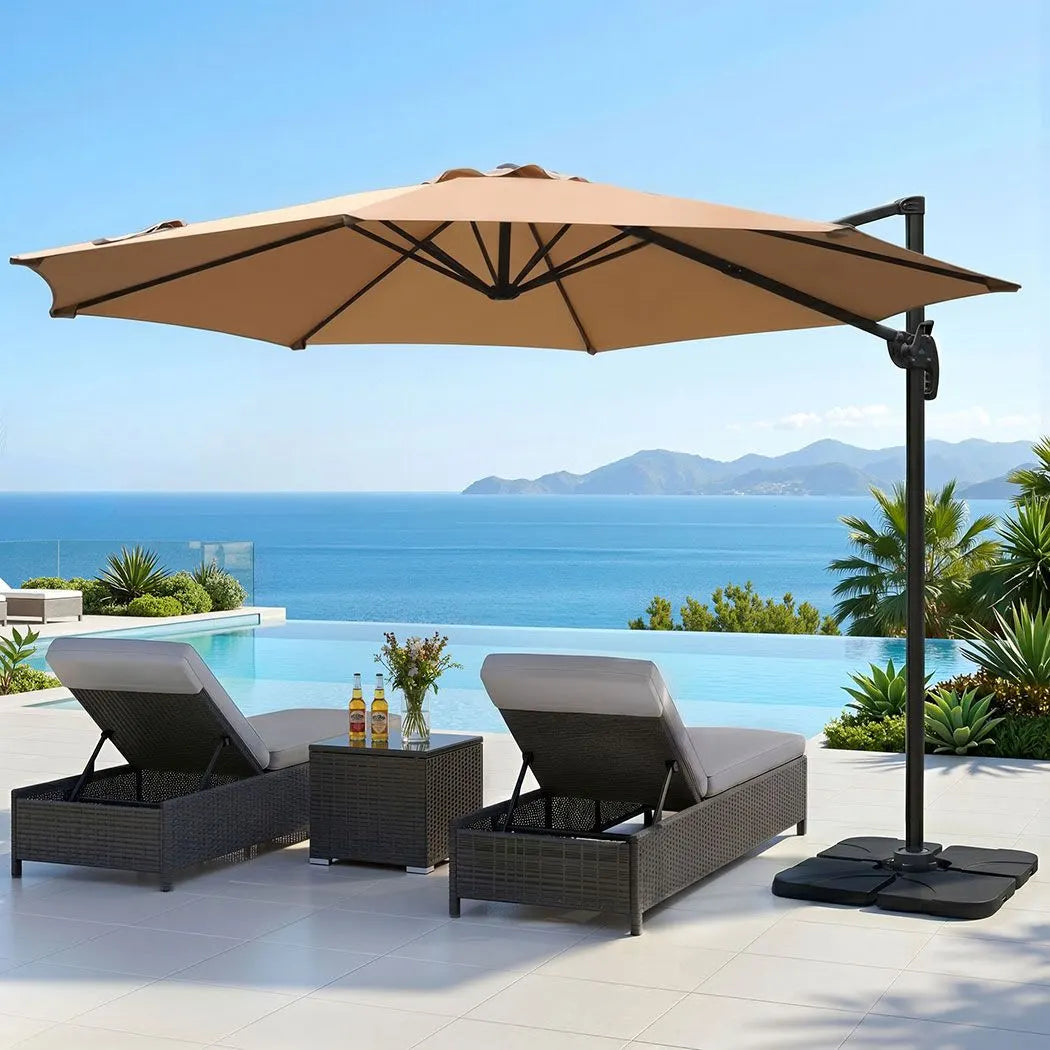 Instahut 3m Outdoor Umbrella w/Base Cantilever Beach Roma 360 Degree Tilt Beige - Image 8