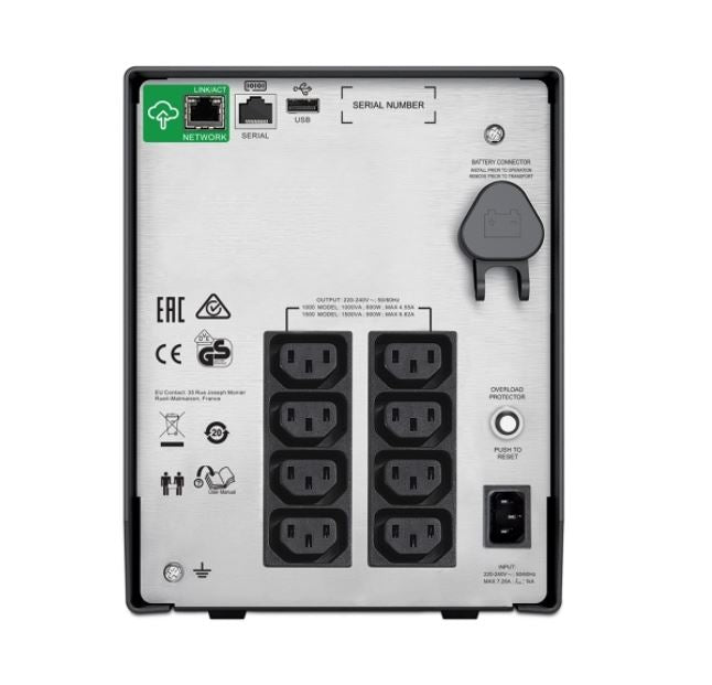 APC Smart-UPS C, Line Interactive, 1500VA, Tower, 230V, 8x IEC C13 outlets, SmartConnect port, AVR, Graphic LCD