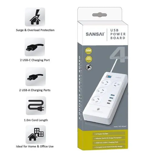Sansai 4 Way Powerboard 4 Outlet 2×USB-A 2×USB-C Charging Ports Ports 10A 240V Individually Switc... - Image 3