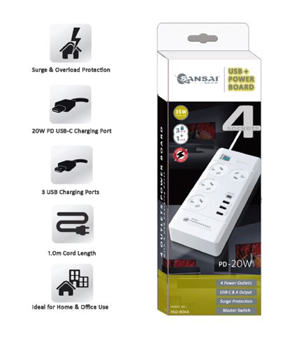 Sansai 4 Outlet 3xUSB-A 1xUSB-C Powerboard Master On/Off switch Surge and overload protected Fas... - Image 4